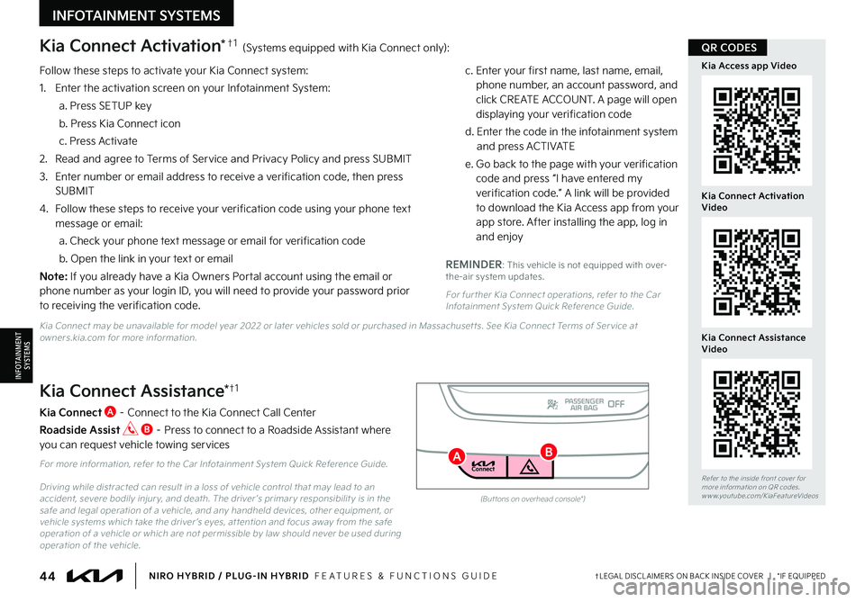 KIA NIRO PHEV 2023 Features and Functions Guide Follow these steps to activate your Kia Connect system:
1 Enter the activation screen on your Infotainment System:
a Press SETUP key
b Press Kia Connect icon
c Press Activate
2
Read and agre KIA NIRO PHEV 2023 Features and Functions Guide Follow these steps to activate your Kia Connect system:
1 Enter the activation screen on your Infotainment System:
a Press SETUP key
b Press Kia Connect icon
c Press Activate
2
Read and agre