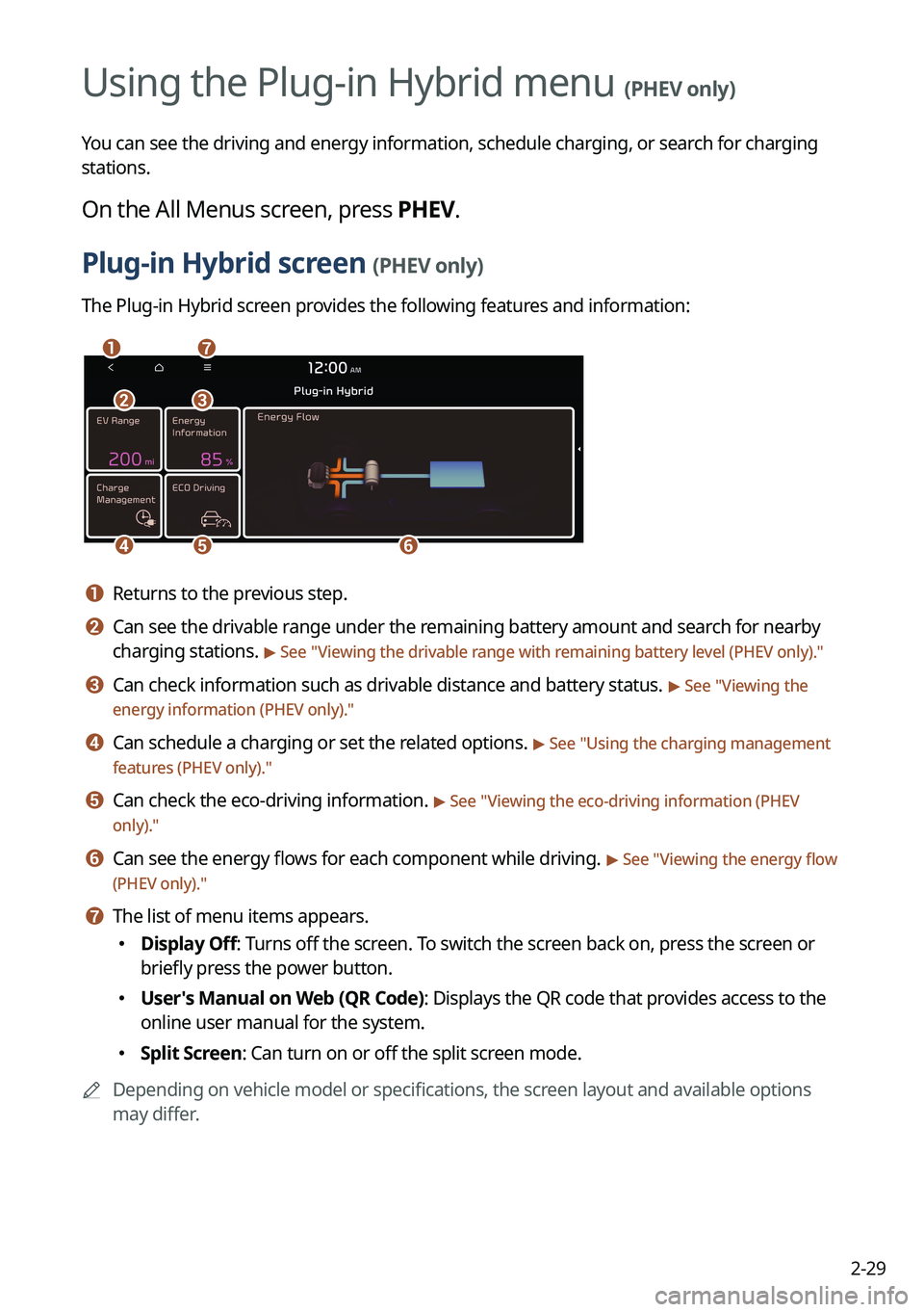 KIA NIRO PHEV 2023 Navigation System Quick Reference Guide 2-29
Using the Plug-in Hybrid menu (PHEV only)
You can see the driving and energy information, schedule charging, or search for charging
stations.
On the All Menus screen, press PHEV.
Plug-in Hybrid KIA NIRO PHEV 2023 Navigation System Quick Reference Guide 2-29
Using the Plug-in Hybrid menu (PHEV only)
You can see the driving and energy information, schedule charging, or search for charging
stations.
On the All Menus screen, press PHEV.
Plug-in Hybrid
