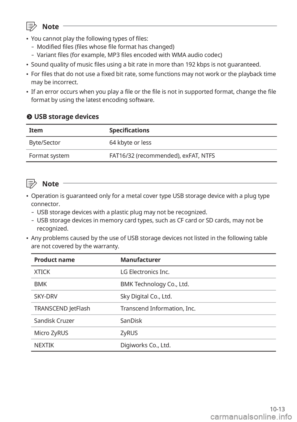 KIA NIRO PHEV 2023 Quick Start Guide Base Audio 10-13
\333Note
\225You cannot play the following types of files:
- Modified files (files whose file format has changed)
-Variant files (for example, MP3 files encoded with WMA audio codec)
\225So KIA NIRO PHEV 2023 Quick Start Guide Base Audio 10-13
\333Note
\225You cannot play the following types of files:
- Modified files (files whose file format has changed)
-Variant files (for example, MP3 files encoded with WMA audio codec)
\225So