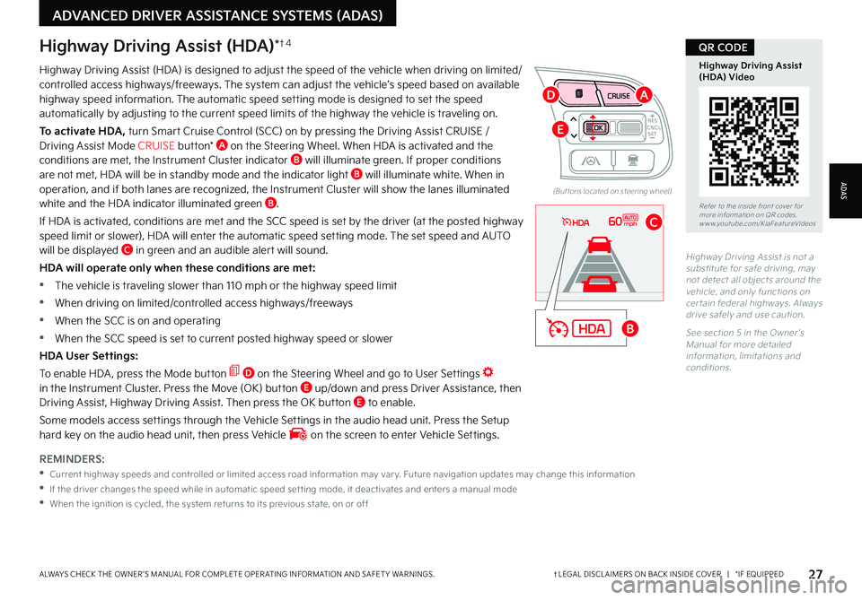 KIA NIRO PHEV 2022 Features and Functions Guide 27†LEGAL DISCL AIMERS ON BACK INSIDE COVER | *IF EQUIPPEDALWAYS CHECK THE OWNER ’S MANUAL FOR COMPLETE OPER ATING INFORMATION AND SAFET Y WARNINGS
REMINDERS:
•
Current highway speeds an KIA NIRO PHEV 2022 Features and Functions Guide 27†LEGAL DISCL AIMERS ON BACK INSIDE COVER | *IF EQUIPPEDALWAYS CHECK THE OWNER ’S MANUAL FOR COMPLETE OPER ATING INFORMATION AND SAFET Y WARNINGS
REMINDERS:
•
Current highway speeds an