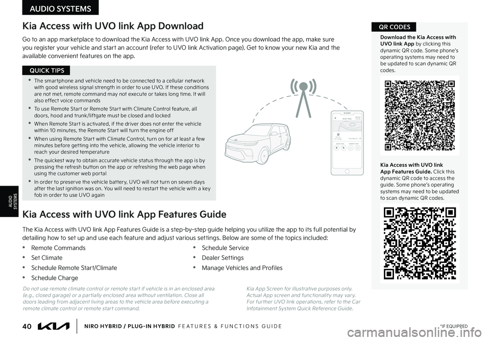 KIA NIRO PHEV 2022  Features and Functions Guide 40*IF EQUIPPEDNIRO HYBRID / PLUG-IN HYBRID  FEATURES & FUNCTIONS GUIDE
 •The smar tphone and vehicle need to be connected to a cellular net work with good wireless signal strength in order to use UV
