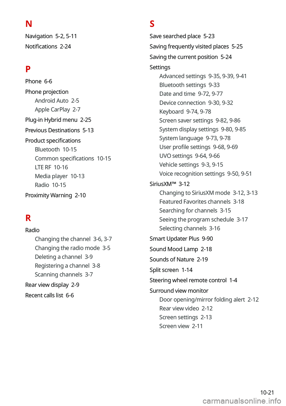 KIA NIRO PHEV 2021  Navigation System Quick Reference Guide 10-21
N
Navigation  5-2, 5-11
Notifications  2-24
P
Phone  6-6
Phone projection Android Auto  2-5
Apple CarPlay  2-7
Plug-in Hybrid menu  2-25
Previous Destinations  5-13
Product specifications Blueto
