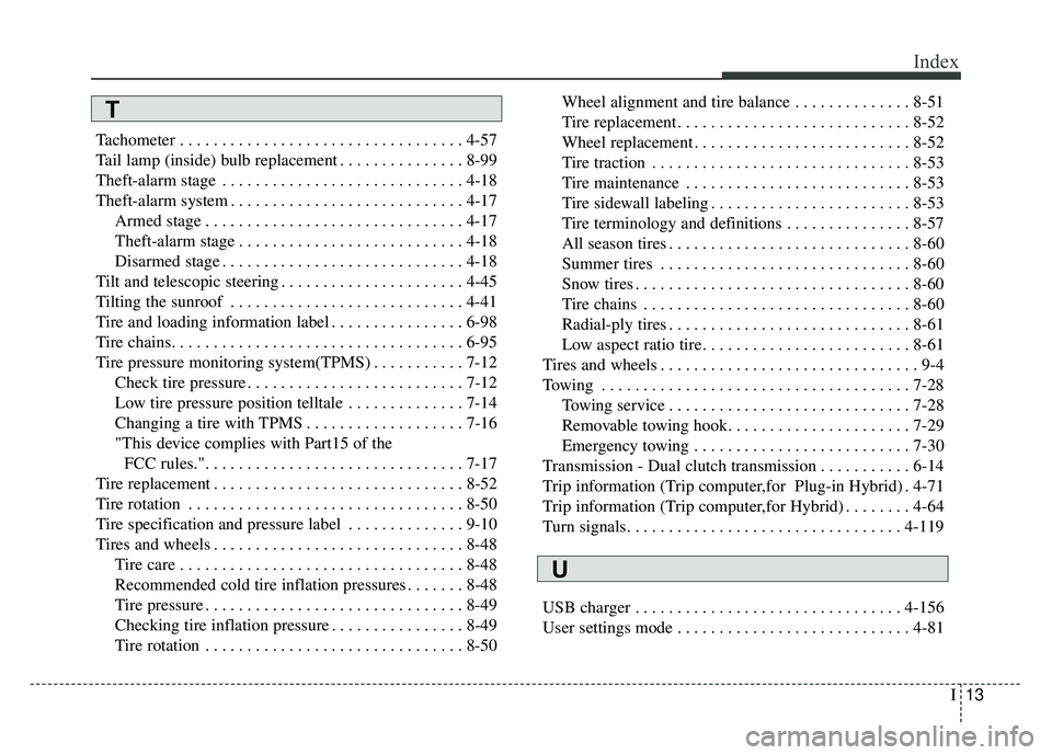 KIA NIRO PHEV 2018  Owners Manual I13
Index
Tachometer . . . . . . . . . . . . . . . . . . . . . . . . . . . . . . . . . . 4-57\
Tail lamp (inside) bulb replacement . . . . . . . . . . . . . . . 8-99
Theft-alarm stage . . . . . . . .