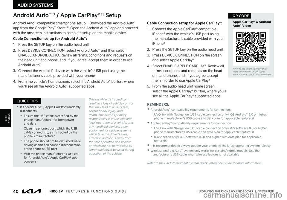 KIA NIRO EV 2022 Features and Functions Guide 40†LEGAL DISCL AIMERS ON BACK INSIDE COVER | *IF EQUIPPEDNIRO EV FEATURES & FUNCTIONS GUIDE
Refer to the inside front cover for more information on QR codes .www .youtube .com/KiaFeatureVide KIA NIRO EV 2022 Features and Functions Guide 40†LEGAL DISCL AIMERS ON BACK INSIDE COVER | *IF EQUIPPEDNIRO EV FEATURES & FUNCTIONS GUIDE
Refer to the inside front cover for more information on QR codes .www .youtube .com/KiaFeatureVide