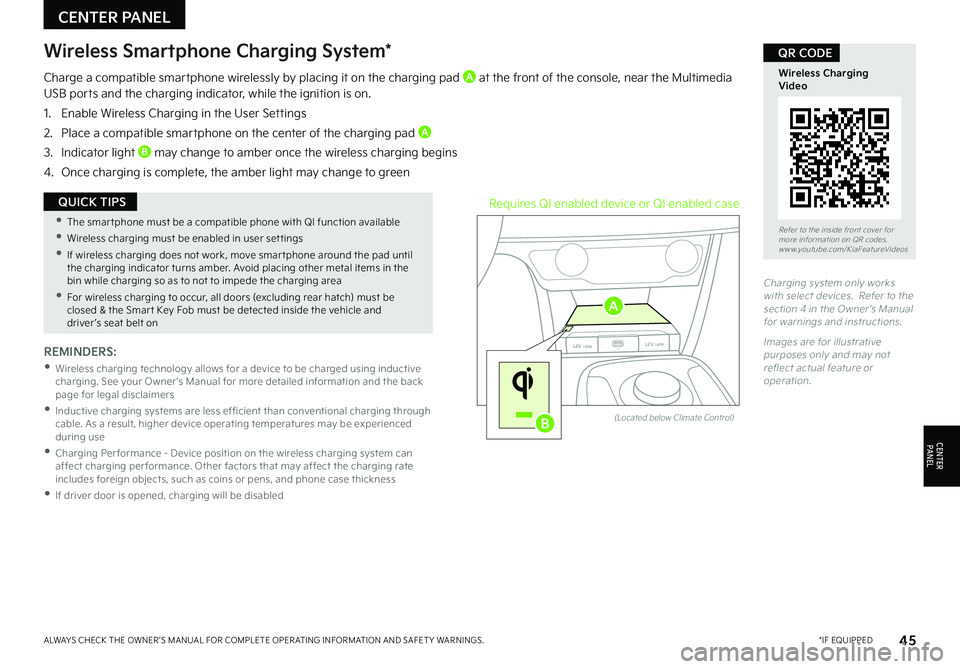 KIA NIRO EV 2022  Features and Functions Guide Refer to the inside front cover for  more information on QR codes .www .youtube  .com/KiaFeatureVideos
Wireless Charging  Video
QR CODE
REMINDERS: 
 • 
Wireless charging technology allows for a devi