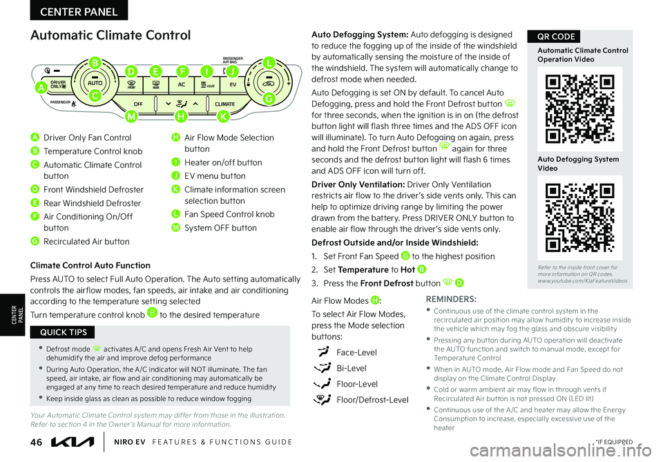 KIA NIRO EV 2022 Features and Functions Guide 46*IF EQUIPPEDNIRO EV FEATURES & FUNCTIONS GUIDE
Your Automatic Climate Control system may differ from those in the illustration . Refer to section 4 in the Owner ’s Manual for more information .
KIA NIRO EV 2022 Features and Functions Guide 46*IF EQUIPPEDNIRO EV FEATURES & FUNCTIONS GUIDE
Your Automatic Climate Control system may differ from those in the illustration . Refer to section 4 in the Owner ’s Manual for more information .