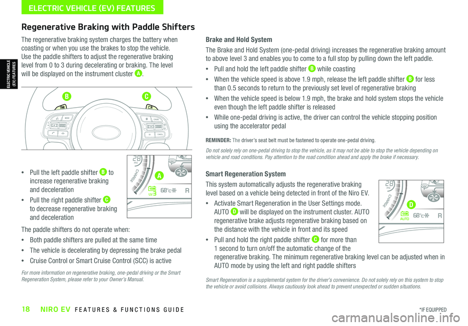 KIA NIRO EV 2021 Features and Functions Guide *IF EQUIPPED18NIRO EV FEATURES & FUNCTIONS GUIDE
ELECTRIC VEHICLE (EV) FEATURES
Regenerative Braking with Paddle Shifters
The regenerative braking system charges the battery when
coasting or when yo KIA NIRO EV 2021 Features and Functions Guide *IF EQUIPPED18NIRO EV FEATURES & FUNCTIONS GUIDE
ELECTRIC VEHICLE (EV) FEATURES
Regenerative Braking with Paddle Shifters
The regenerative braking system charges the battery when
coasting or when yo