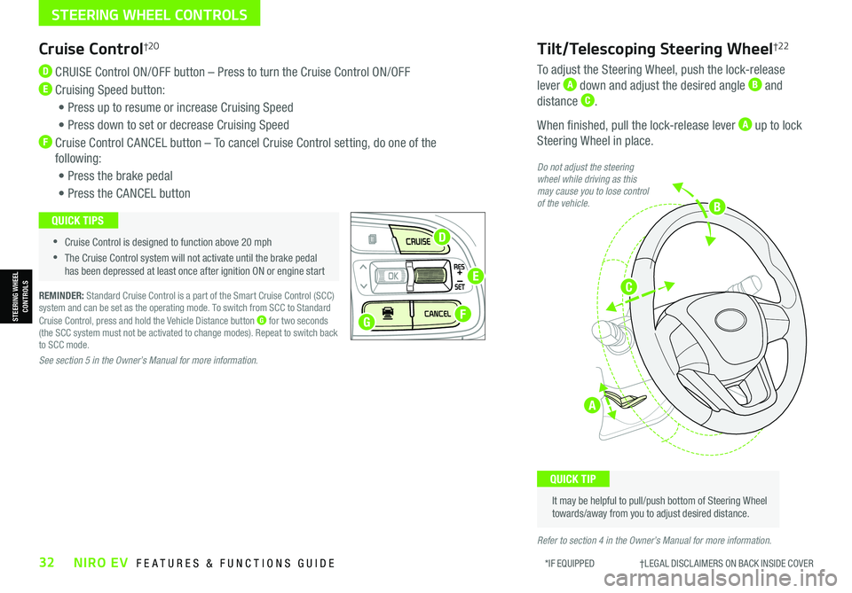 KIA NIRO EV 2021 Features and Functions Guide *IF EQUIPPED †LEGAL DISCL AIMERS ON BACK INSIDE COVER32NIRO EV FEATURES & FUNCTIONS GUIDE
STEERING WHEEL CONTROLS
STEERING WHEEL CONTROLS
Cruise Control†2 0
D CRUISE Control KIA NIRO EV 2021 Features and Functions Guide *IF EQUIPPED †LEGAL DISCL AIMERS ON BACK INSIDE COVER32NIRO EV FEATURES & FUNCTIONS GUIDE
STEERING WHEEL CONTROLS
STEERING WHEEL CONTROLS
Cruise Control†2 0
D CRUISE Control