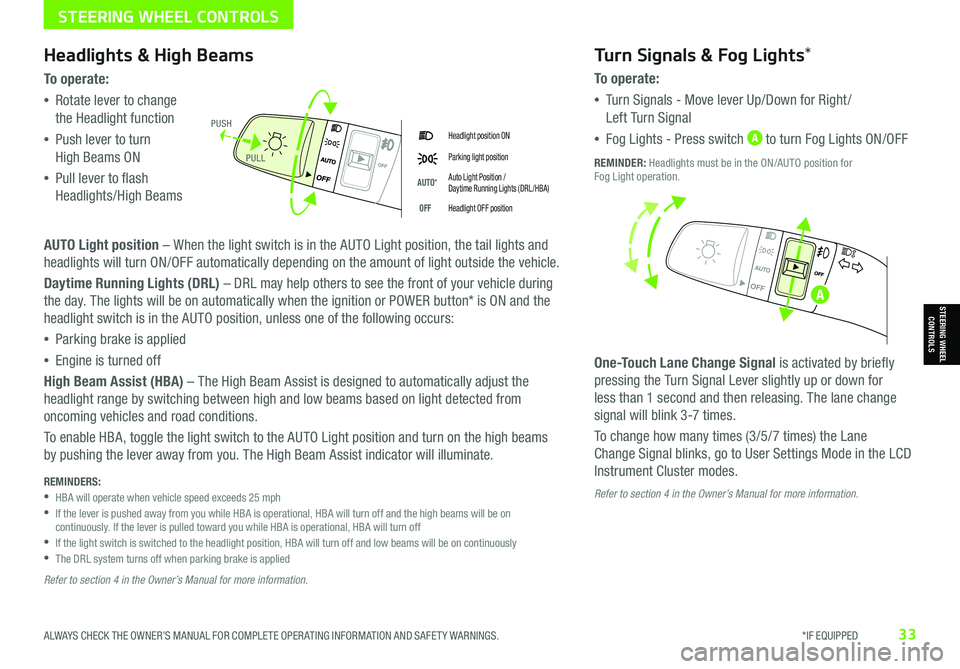 KIA NIRO EV 2021 Features and Functions Guide ALWAYS CHECK THE OWNER’S MANUAL FOR COMPLETE OPER ATING INFORMATION AND SAFET Y WARNINGS. *IF EQUIPPED33
STEERING WHEEL CONTROLS
STEERING WHEEL CONTROLS
Headlight position ON
Parking light position KIA NIRO EV 2021 Features and Functions Guide ALWAYS CHECK THE OWNER’S MANUAL FOR COMPLETE OPER ATING INFORMATION AND SAFET Y WARNINGS. *IF EQUIPPED33
STEERING WHEEL CONTROLS
STEERING WHEEL CONTROLS
Headlight position ON
Parking light position