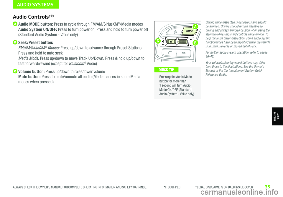 KIA NIRO EV 2021 Features and Functions Guide ALWAYS CHECK THE OWNER’S MANUAL FOR COMPLETE OPER ATING INFORMATION AND SAFET Y WARNINGS. *IF EQUIPPED †LEGAL DISCL AIMERS ON BACK INSIDE COVER35
Audio Controls†19
A Audio KIA NIRO EV 2021 Features and Functions Guide ALWAYS CHECK THE OWNER’S MANUAL FOR COMPLETE OPER ATING INFORMATION AND SAFET Y WARNINGS. *IF EQUIPPED †LEGAL DISCL AIMERS ON BACK INSIDE COVER35
Audio Controls†19
A Audio