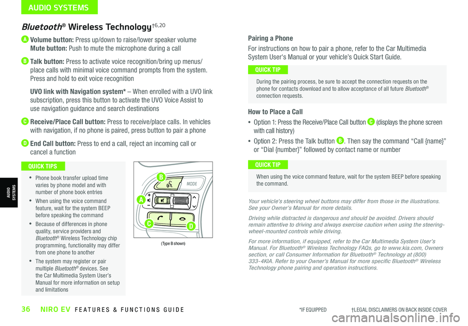 KIA NIRO EV 2021 Features and Functions Guide *IF EQUIPPED †LEGAL DISCL AIMERS ON BACK INSIDE COVER36NIRO EV FEATURES & FUNCTIONS GUIDE
A Volume button: Press up/down to raise/lower speaker volume
Mute button: Push to mut KIA NIRO EV 2021 Features and Functions Guide *IF EQUIPPED †LEGAL DISCL AIMERS ON BACK INSIDE COVER36NIRO EV FEATURES & FUNCTIONS GUIDE
A Volume button: Press up/down to raise/lower speaker volume
Mute button: Push to mut