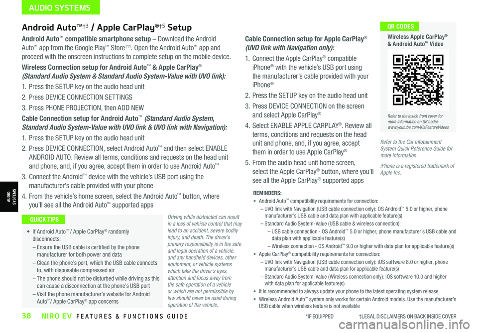 KIA NIRO EV 2021 Features and Functions Guide *IF EQUIPPED †LEGAL DISCL AIMERS ON BACK INSIDE COVER38NIRO EV FEATURES & FUNCTIONS GUIDE
Cable Connection setup for Apple CarPlay®
(UVO link with Navigation only):
1. Connect KIA NIRO EV 2021 Features and Functions Guide *IF EQUIPPED †LEGAL DISCL AIMERS ON BACK INSIDE COVER38NIRO EV FEATURES & FUNCTIONS GUIDE
Cable Connection setup for Apple CarPlay®
(UVO link with Navigation only):
1. Connect