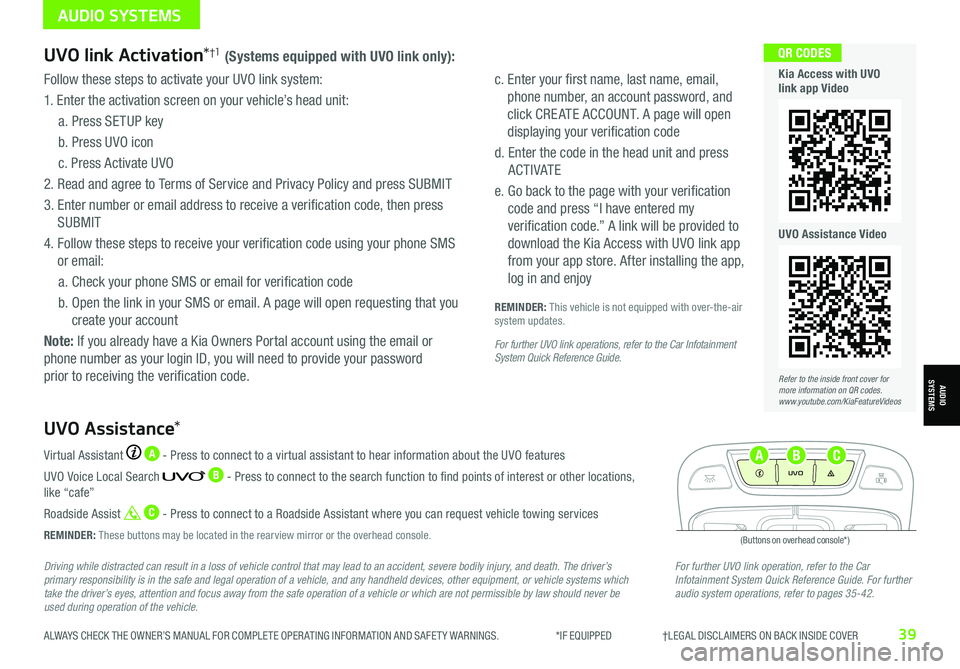 KIA NIRO EV 2021  Features and Functions Guide ALWAYS CHECK THE OWNER’S MANUAL FOR COMPLETE OPER ATING INFORMATION AND SAFET Y WARNINGS.  *IF EQUIPPED                     †LEGAL DISCL AIMERS ON BACK INSIDE COVER39
Driving while distracted can 