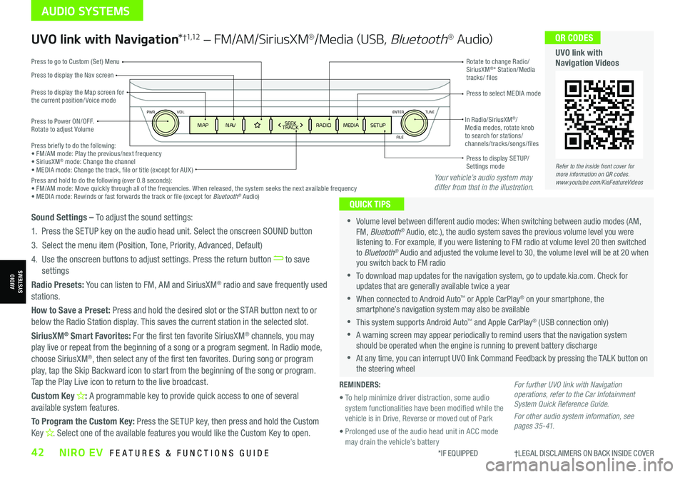 KIA NIRO EV 2021 Features and Functions Guide ENTER
PWR VOL
FILE
TUNE
MAPN AV RADIOMEDIA SETUPSEEK
TRACKIn Radio/SiriusXM®/ Media modes, rotate knob to search for stations/ channels/tracks/songs/files Press briefly to do the following:• FM/A KIA NIRO EV 2021 Features and Functions Guide ENTER
PWR VOL
FILE
TUNE
MAPN AV RADIOMEDIA SETUPSEEK
TRACKIn Radio/SiriusXM®/ Media modes, rotate knob to search for stations/ channels/tracks/songs/files Press briefly to do the following:• FM/A
