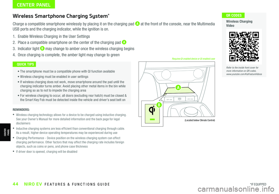 KIA NIRO EV 2021  Features and Functions Guide *IF EQUIPPED44NIRO EV  FEATURES & FUNCTIONS GUIDE
CENTER PANEL
REMINDERS: 
 • Wireless charging technology allows for a device to be charged using inductive charging.See your Owner’s Manual for mo