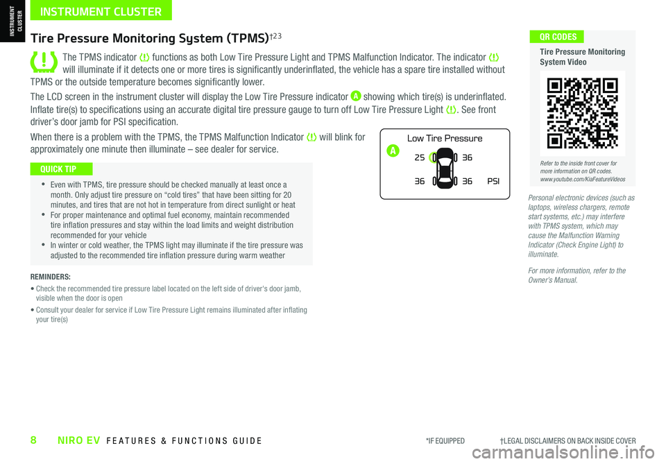 KIA NIRO EV 2021 Features and Functions Guide *IF EQUIPPED †LEGAL DISCL AIMERS ON BACK INSIDE COVER8NIRO EV FEATURES & FUNCTIONS GUIDE
A
Tire Pressure Monitoring System (TPMS)†2 3
The TPMS indicator functions as both Low KIA NIRO EV 2021 Features and Functions Guide *IF EQUIPPED †LEGAL DISCL AIMERS ON BACK INSIDE COVER8NIRO EV FEATURES & FUNCTIONS GUIDE
A
Tire Pressure Monitoring System (TPMS)†2 3
The TPMS indicator functions as both Low