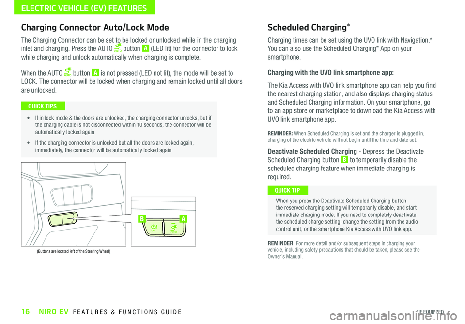 KIA NIRO EV 2020  Features and Functions Guide 16*IF EQUIPPED NIRO EV  FEATURES & FUNCTIONS GUIDE
ELECTRIC VEHICLE (EV) FEATURES
AUTO
OFF
AUTO
OFF
(Buttons are located left of the Steering Wheel)
AB
Scheduled Charging*Charging Connector Auto/Lock 
