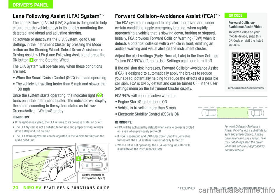 KIA NIRO EV 2020  Features and Functions Guide 20NIRO EV  FEATURES & FUNCTIONS GUIDE*IF EQUIPPED                     †LEGAL DISCL AIMERS ON BACK INSIDE COVER
  Forward Collision-Avoidance Assist Video
To view a video on your mobile device, snap 