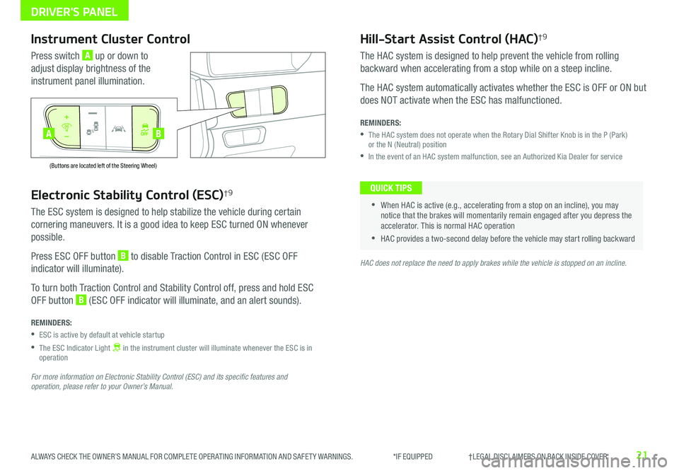 KIA NIRO EV 2020  Features and Functions Guide 21ALWAYS CHECK THE OWNER’S MANUAL FOR COMPLETE OPER ATING INFORMATION AND SAFET Y WARNINGS .  *IF EQUIPPED                     †LEGAL DISCL AIMERS ON BACK INSIDE COVER
Electronic Stability Control