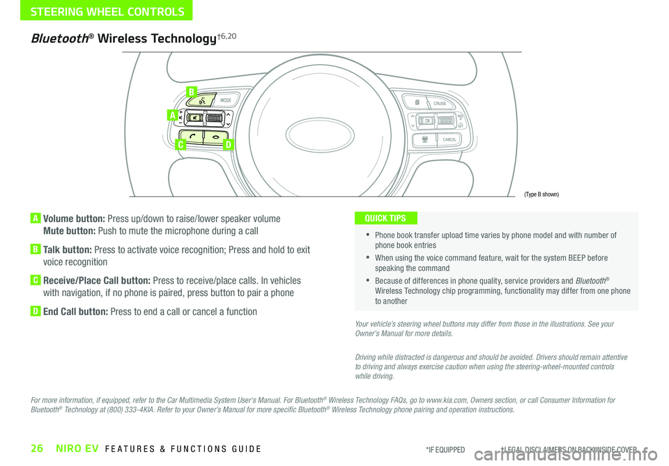KIA NIRO EV 2020  Features and Functions Guide 26NIRO EV  FEATURES & FUNCTIONS GUIDE*IF EQUIPPED                     †LEGAL DISCL AIMERS ON BACK INSIDE COVER
A  Volume button: Press up/down to raise/lower speaker volume 
Mute button: Push to mut