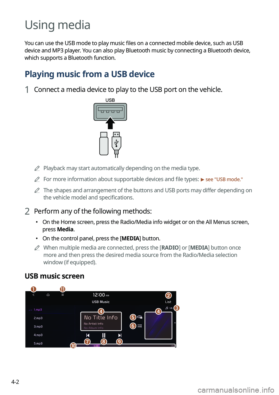 KIA NIRO 2023  Navigation System Quick Reference Guide 4-2
Using media
You can use the USB mode to play music files on a connected mobile device, such as USB 
device and MP3 player. You can also play Bluetooth music by connecting a Bluetooth device, 
whic