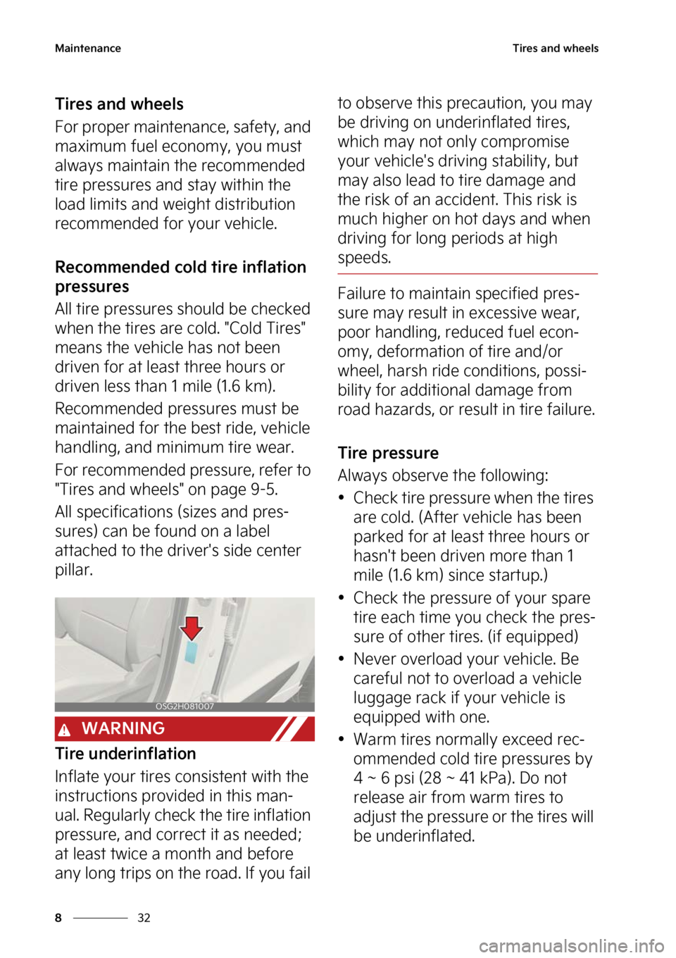 KIA NIRO 2022  Owners Manual �.�B�J�O�U�F�O�B�O�D�F
��
�
�5�J�S�F�T��B�O�E��X�I�F�F�M�T
�5�J�S�F�T��B�O�E��X�I�F�F�M�T
��P�S��Q�S�P�Q�F�S��N�B�J�O�U�F�O�B�O�D�F�
��T�B�G�F�U�Z�
��B�O�E�
�N�B�Y�J�N�V�N��G�V�F�M��F�D