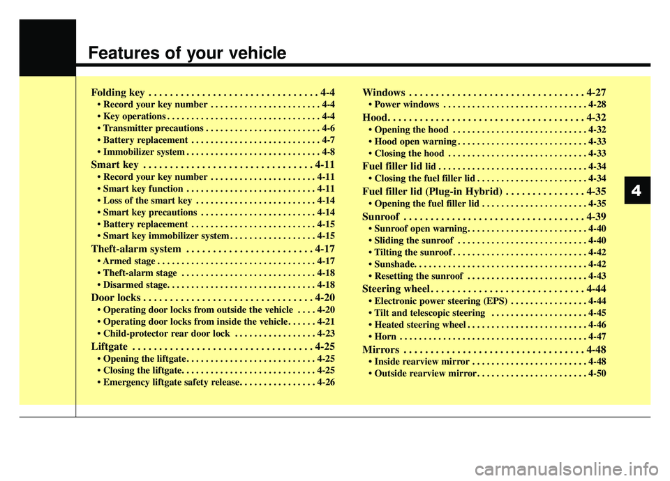 KIA NIRO 2019  Owners Manual Features of your vehicle
Folding key . . . . . . . . . . . . . . . . . . . . . . . . . . . . . . . . 4-4
• Record your key number . . . . . . . . . . . . . . . . . . . . . . . 4-4
 . . . . . . . . .
