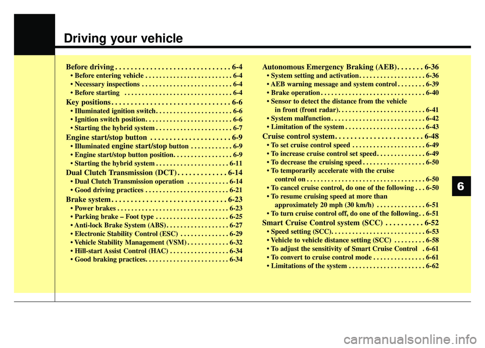 KIA NIRO 2019  Owners Manual Driving your vehicle
Before driving . . . . . . . . . . . . . . . . . . . . . . . . . . . . . . 6-4
• Before entering vehicle . . . . . . . . . . . . . . . . . . . . . . . . . 6-4
 . . . . . . . . .