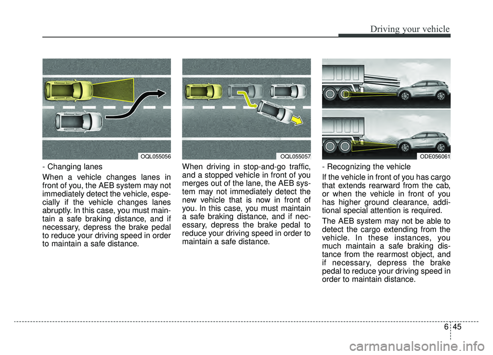 KIA NIRO 2019  Owners Manual 645
Driving your vehicle
- Changing lanes 
When a vehicle changes lanes in
front of you, the AEB system may not
immediately detect the vehicle, espe-
cially if the vehicle changes lanes
abruptly. In t
