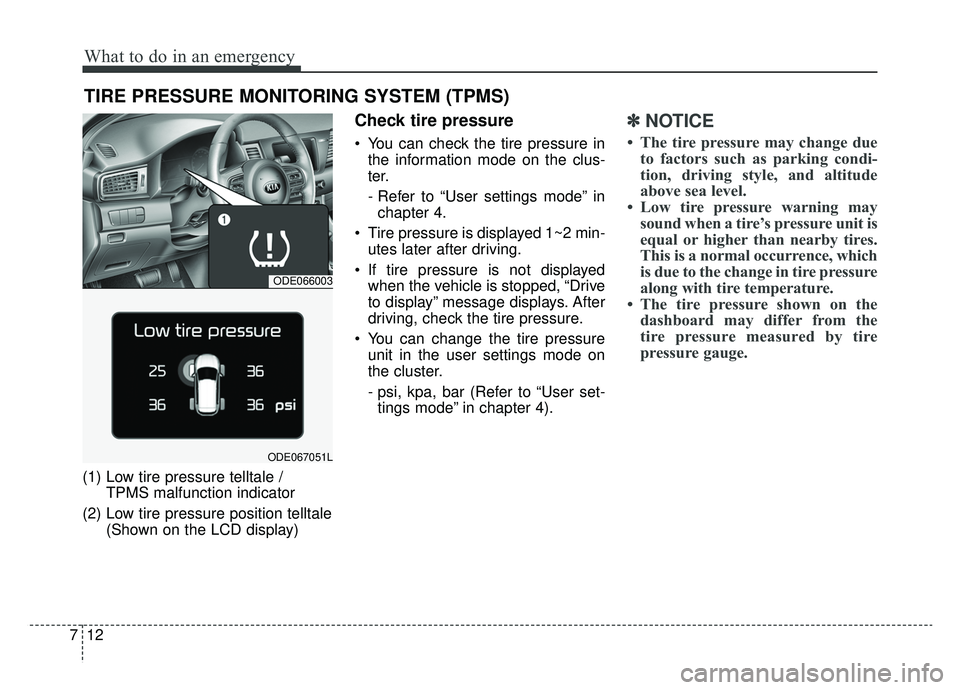 KIA NIRO 2019  Owners Manual What to do in an emergency
12
7
TIRE PRESSURE MONITORING SYSTEM (TPMS)
(1) Low tire pressure telltale / 
TPMS malfunction indicator
(2) Low tire pressure position telltale (Shown on the LCD display)
C