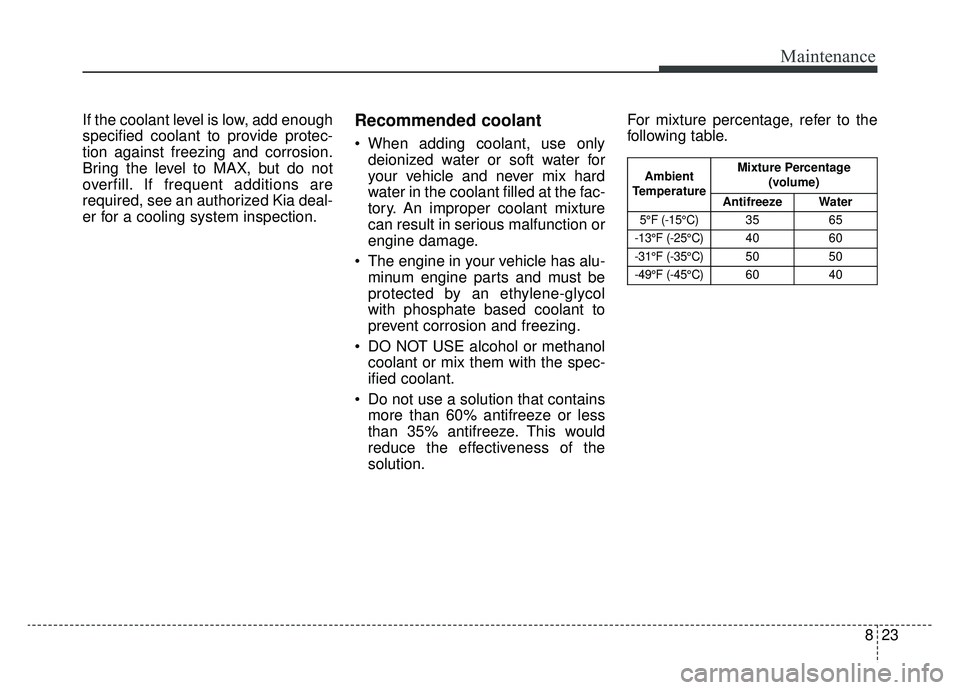 KIA NIRO 2019  Owners Manual 823
Maintenance
If the coolant level is low, add enough
specified coolant to provide protec-
tion against freezing and corrosion.
Bring the level to MAX, but do not
overfill. If frequent additions are