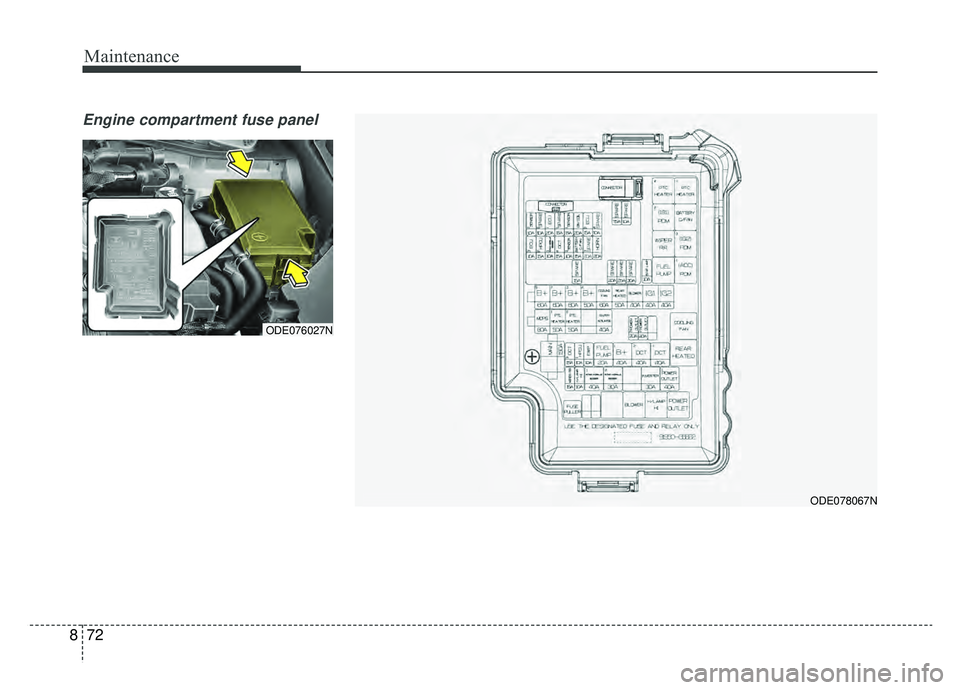 KIA NIRO 2019  Owners Manual Maintenance
72
8
Engine compartment fuse panel
ODE078067N
ODE076027N 