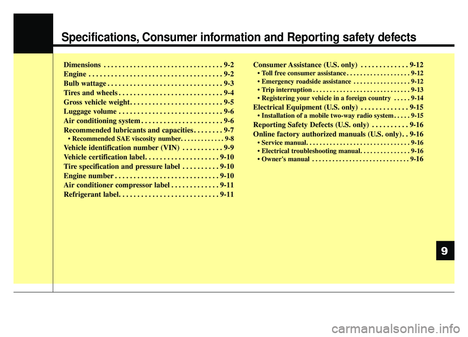 KIA NIRO 2019  Owners Manual Specifications, Consumer information and Reporting safety defects
Dimensions . . . . . . . . . . . . . . . . . . . . . . . . . . . . . . . . 9-2
Engine . . . . . . . . . . . . . . . . . . . . . . . . 