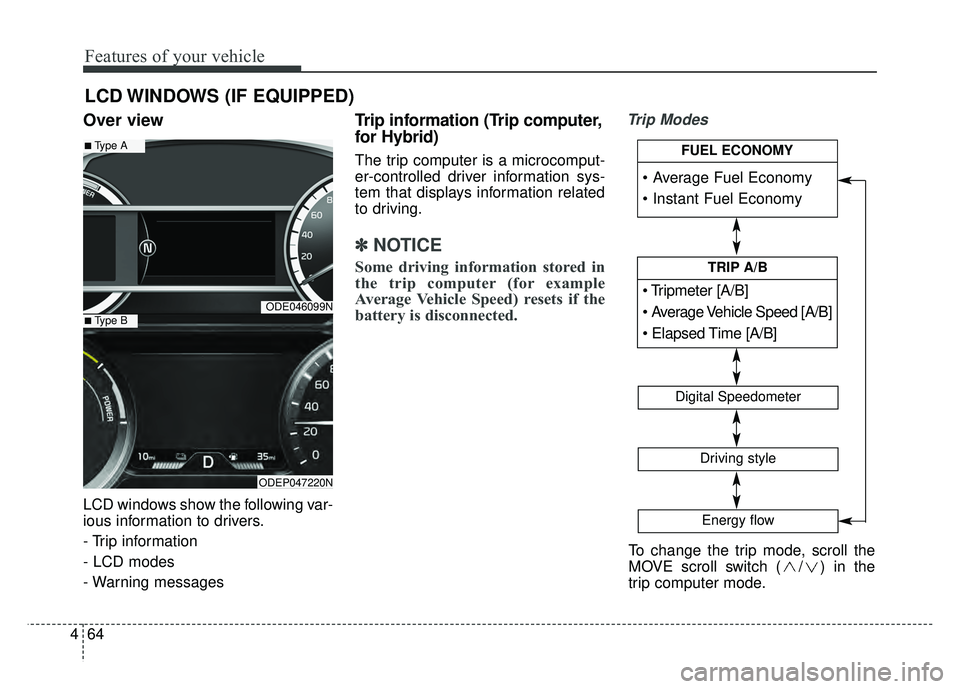 KIA NIRO 2018  Owners Manual Features of your vehicle
64
4
Over view
LCD windows show the following var-
ious information to drivers.
- Trip information
- LCD modes
- Warning messages
Trip information (Trip computer,
for Hybrid)
