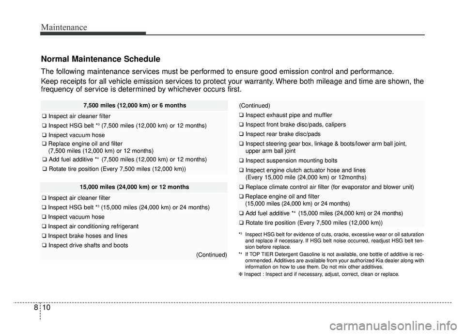 KIA NIRO 2018  Owners Manual Maintenance
10
8
Normal Maintenance Schedule
The following maintenance services must be performed to ensure good emission control and performance.
Keep receipts for all vehicle emission services to pr