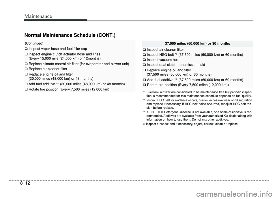 KIA NIRO 2018  Owners Manual Maintenance
12
8
Normal Maintenance Schedule (CONT.)
37,500 miles (60,000 km) or 30 months
❑ Inspect air cleaner filter
❑Inspect HSG belt *3(37,500 miles (60,000 km) or 60 months)
❑Inspect vacuu