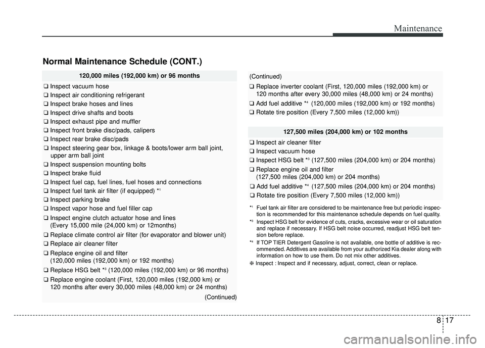 KIA NIRO 2017 Owners Manual 817
Maintenance
Normal Maintenance Schedule (CONT.)
120,000 miles (192,000 km) or 96 months
❑Inspect vacuum hose
❑Inspect air conditioning refrigerant
❑Inspect brake hoses and lines
❑Inspect d KIA NIRO 2017 Owners Manual 817
Maintenance
Normal Maintenance Schedule (CONT.)
120,000 miles (192,000 km) or 96 months
❑Inspect vacuum hose
❑Inspect air conditioning refrigerant
❑Inspect brake hoses and lines
❑Inspect d