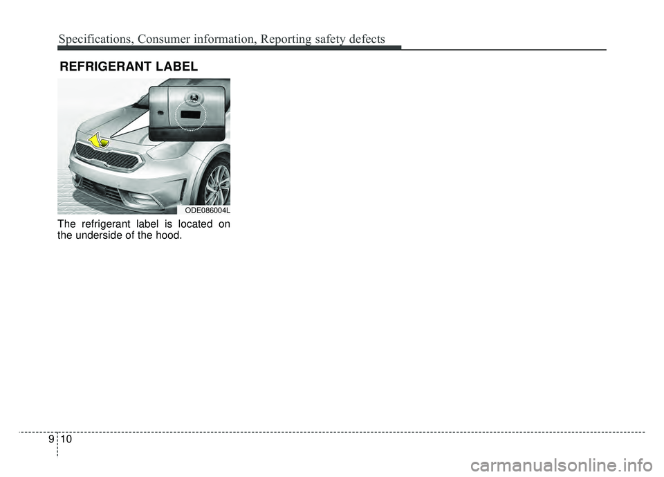 KIA NIRO 2017  Owners Manual Specifications, Consumer information, Reporting safety defects
10
9
The refrigerant label is located on
the underside of the hood.
REFRIGERANT LABEL
ODE086004L 