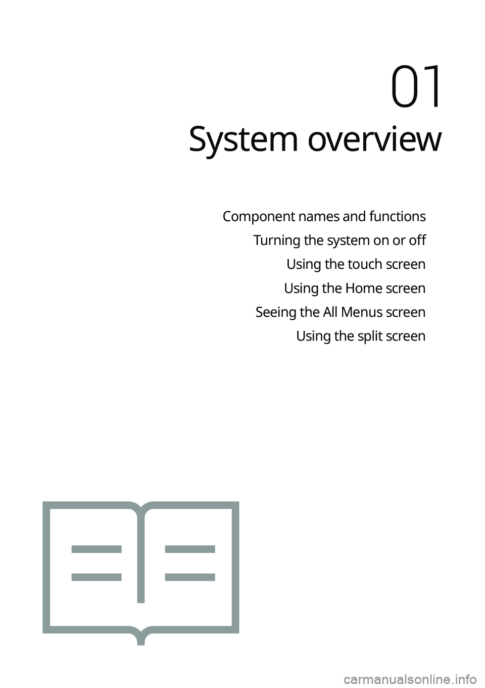 KIA K5 2022  Navigation System Quick Reference Guide System overview
Component names and functionsTurning the system on or off Using the touch screen
Using the Home screen
Seeing the All Menus screen Using the split screen 
01   