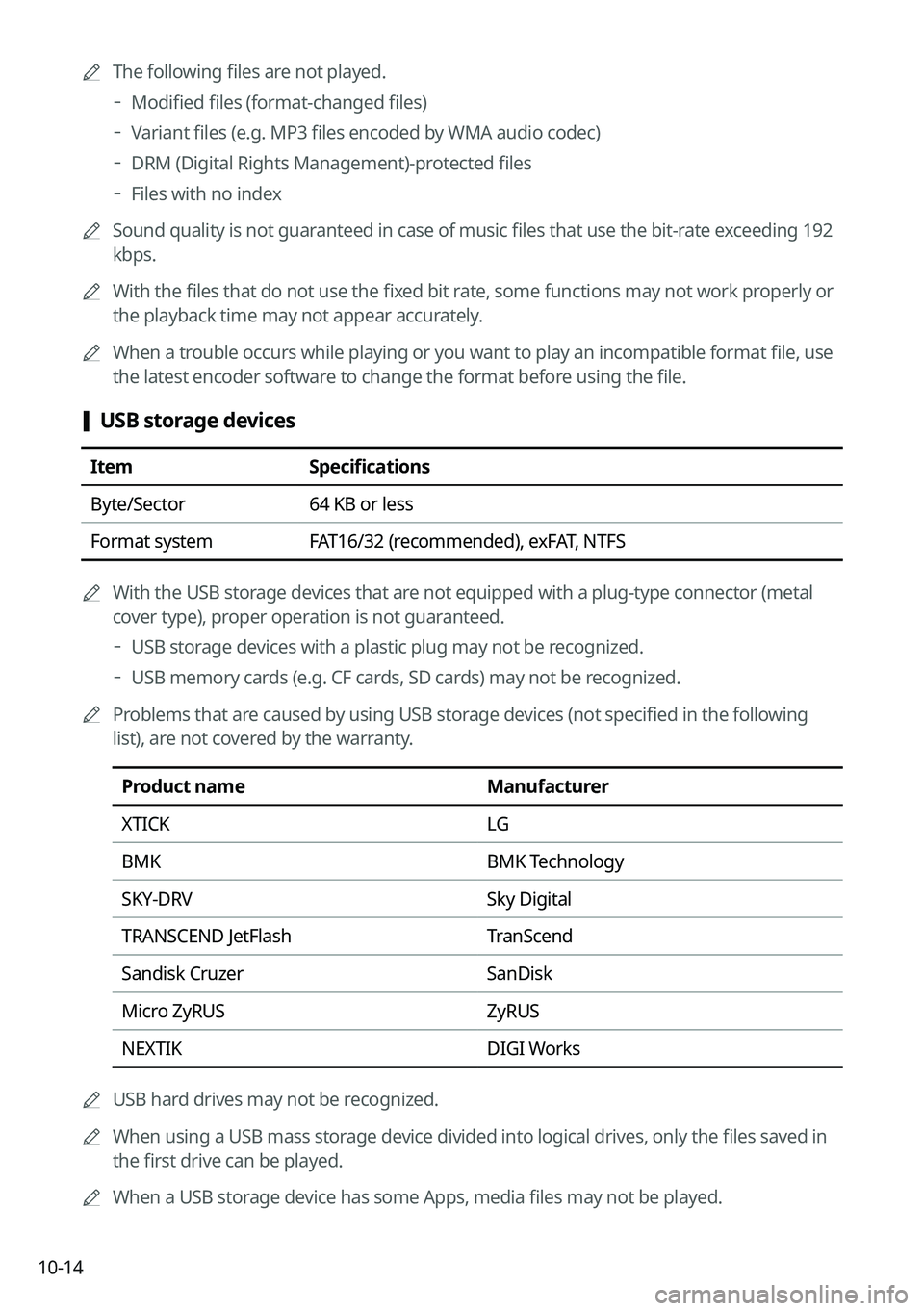 KIA K5 2022 Navigation System Quick Reference Guide 10-140000
A
The following files are not played.
000DModified files (format-changed files)
000DVariant files (e.g. MP3 files encoded by WMA audio codec)
000DDRM (Digital Rights Management)-protected KIA K5 2022 Navigation System Quick Reference Guide 10-140000
A
The following files are not played.
000DModified files (format-changed files)
000DVariant files (e.g. MP3 files encoded by WMA audio codec)
000DDRM (Digital Rights Management)-protected