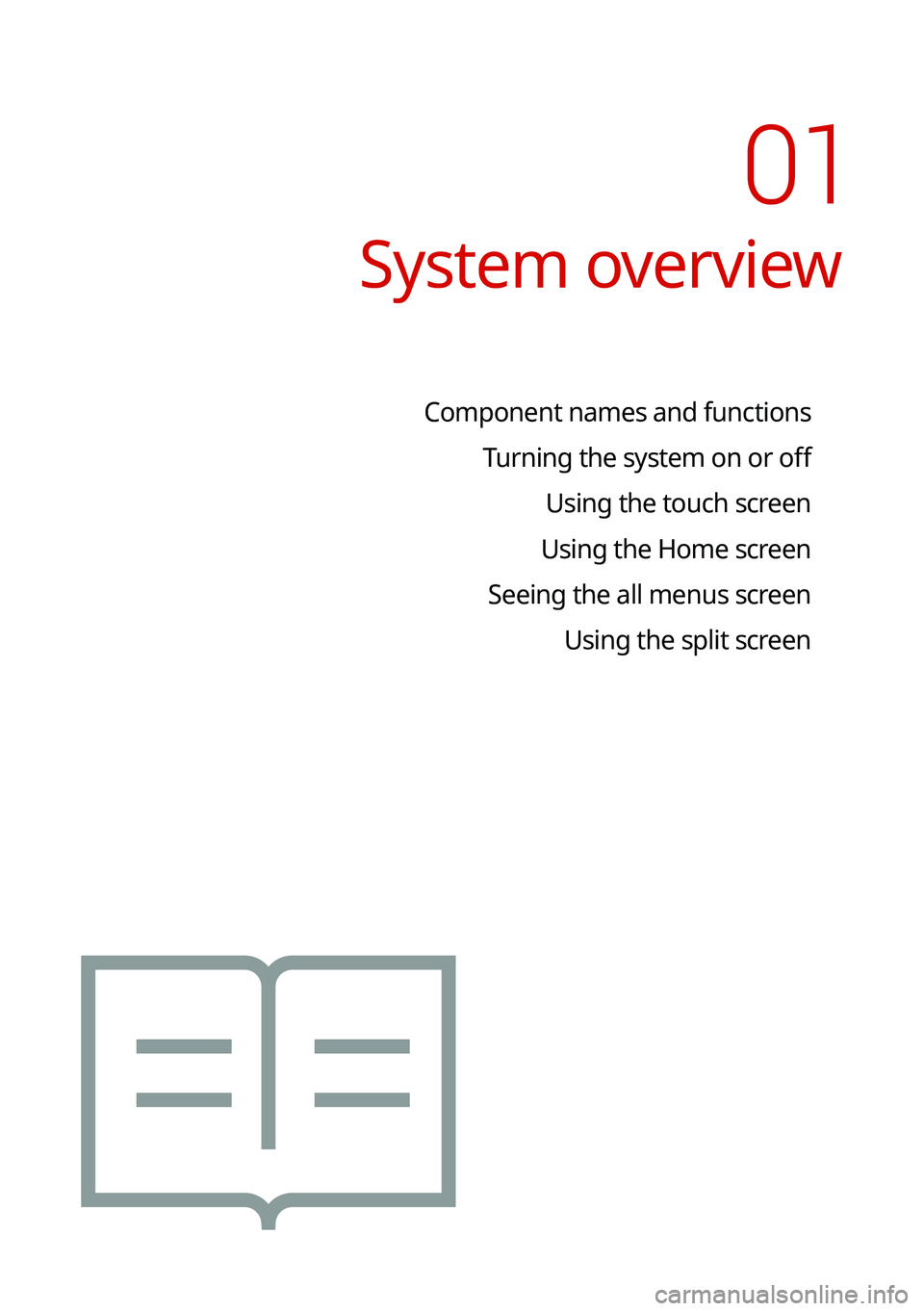 KIA K5 2021  Navigation System Quick Reference Guide System overview
Component names and functionsTurning the system on or off Using the touch screen
Using the Home screen
Seeing the all menus screen Using the split screen
01   