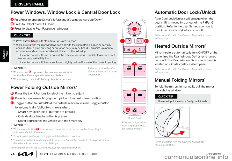 KIA FORTE 2023  Features and Functions Guide 24*IF EQUIPPEDFORTE  FEATURES & FUNCTIONS GUIDE
LR
Power Windows, Window Lock & Central Door Lock
A Pull/Press to operate Driver ’s & Passenger's Window Auto Up/Down*
B Press to Unlock/Lock All 