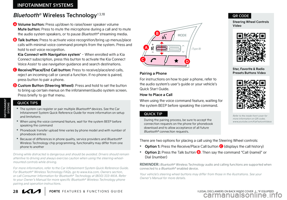 KIA FORTE 2023  Features and Functions Guide 28†LEGAL DISCL AIMERS ON BACK INSIDE COVER   |   *IF EQUIPPEDFORTE  FEATURES & FUNCTIONS GUIDE
—
+
MODE
Bluetooth® Wireless Technology†3 , 1 8
A  
Volume button: Press up/down to raise/lower sp