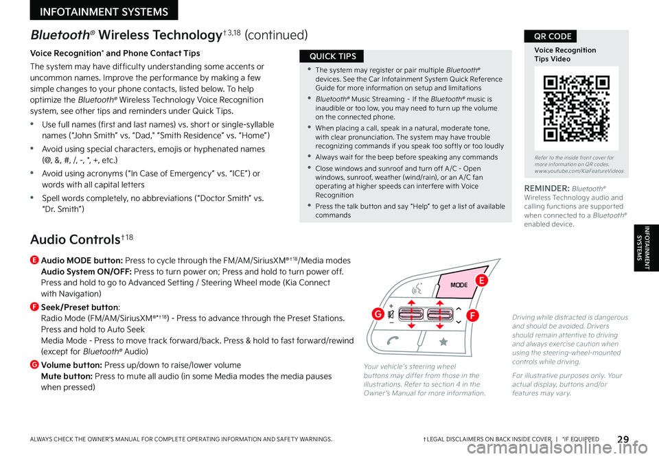 KIA FORTE 2023  Features and Functions Guide 29†LEGAL DISCL AIMERS ON BACK INSIDE COVER   |   *IF EQUIPPEDALWAYS CHECK THE OWNER ’S MANUAL FOR COMPLETE OPER ATING INFORMATION AND SAFET Y WARNINGS  
Bluetooth® Wireless Technology†3 , 1 8 (