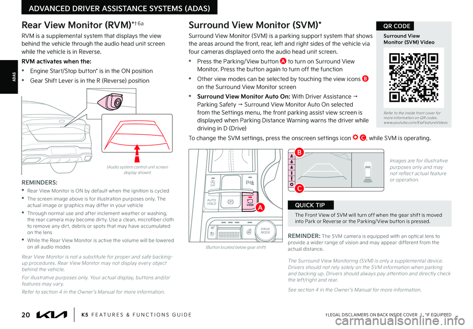 KIA FORTE 2022  Features and Functions Guide ADAS
†LEGAL DISCL AIMERS ON BACK INSIDE COVER   |   *IF EQUIPPED
ADVANCED DRIVER ASSISTANCE SYSTEMS (ADAS)
20K5  FEATURES & FUNCTIONS GUIDE
Rear View Monitor (RVM)*†6 a
RVM is a supplemental syste