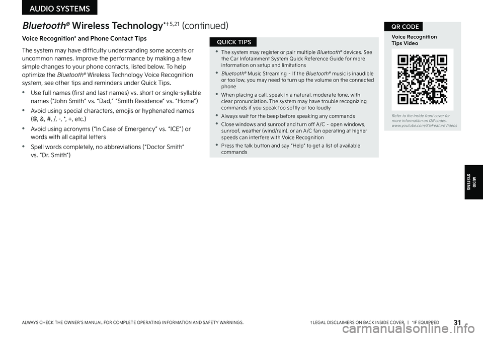 KIA FORTE 2022  Features and Functions Guide †LEGAL DISCL AIMERS ON BACK INSIDE COVER   |   *IF EQUIPPEDALWAYS CHECK THE OWNER ’S MANUAL FOR COMPLETE OPER ATING INFORMATION AND SAFET Y WARNINGS. 31
AUDIOSYSTEMS
AUDIO SYSTEMS
Bluetooth® Wire