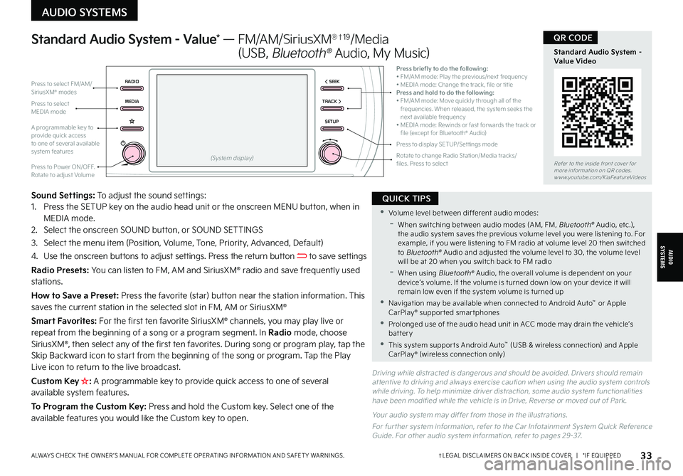 KIA FORTE 2022  Features and Functions Guide †LEGAL DISCL AIMERS ON BACK INSIDE COVER   |   *IF EQUIPPEDALWAYS CHECK THE OWNER ’S MANUAL FOR COMPLETE OPER ATING INFORMATION AND SAFET Y WARNINGS. 33
 
Driving while distracted is dangerous and