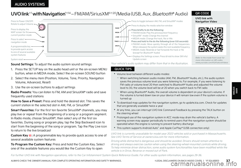 KIA FORTE 2022  Features and Functions Guide †LEGAL DISCL AIMERS ON BACK INSIDE COVER   |   *IF EQUIPPEDALWAYS CHECK THE OWNER ’S MANUAL FOR COMPLETE OPER ATING INFORMATION AND SAFET Y WARNINGS. 37
UVO link†1 with Navigation*†1 4 – FM/