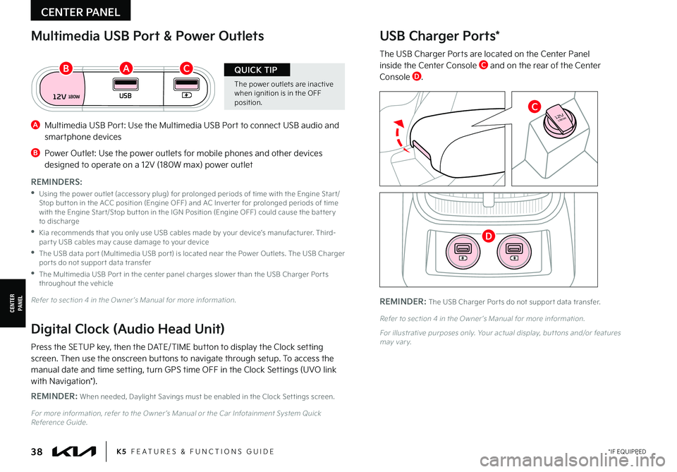 KIA FORTE 2022  Features and Functions Guide *IF EQUIPPED38K5  FEATURES & FUNCTIONS GUIDE
REMINDERS: 
 • 
Using the power outlet (accessor y plug) for prolonged periods of time with the Engine Star t/Stop but ton in the ACC position (Engine OF