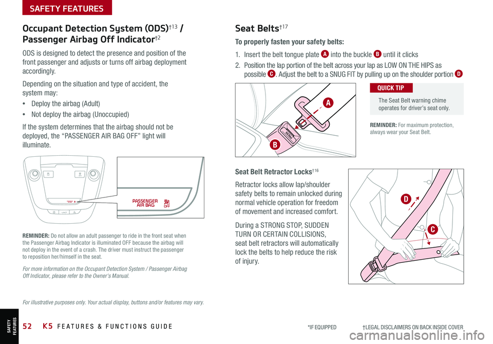 KIA FORTE 2021  Features and Functions Guide 52*IF EQUIPPED                     †LEGAL DISCL AIMERS ON BACK INSIDE COVERK5  FEATURES & FUNCTIONS GUIDE
PRESS
Occupant Detection System (ODS)†13 /  
Passenger Airbag Off Indicator†2
ODS is des